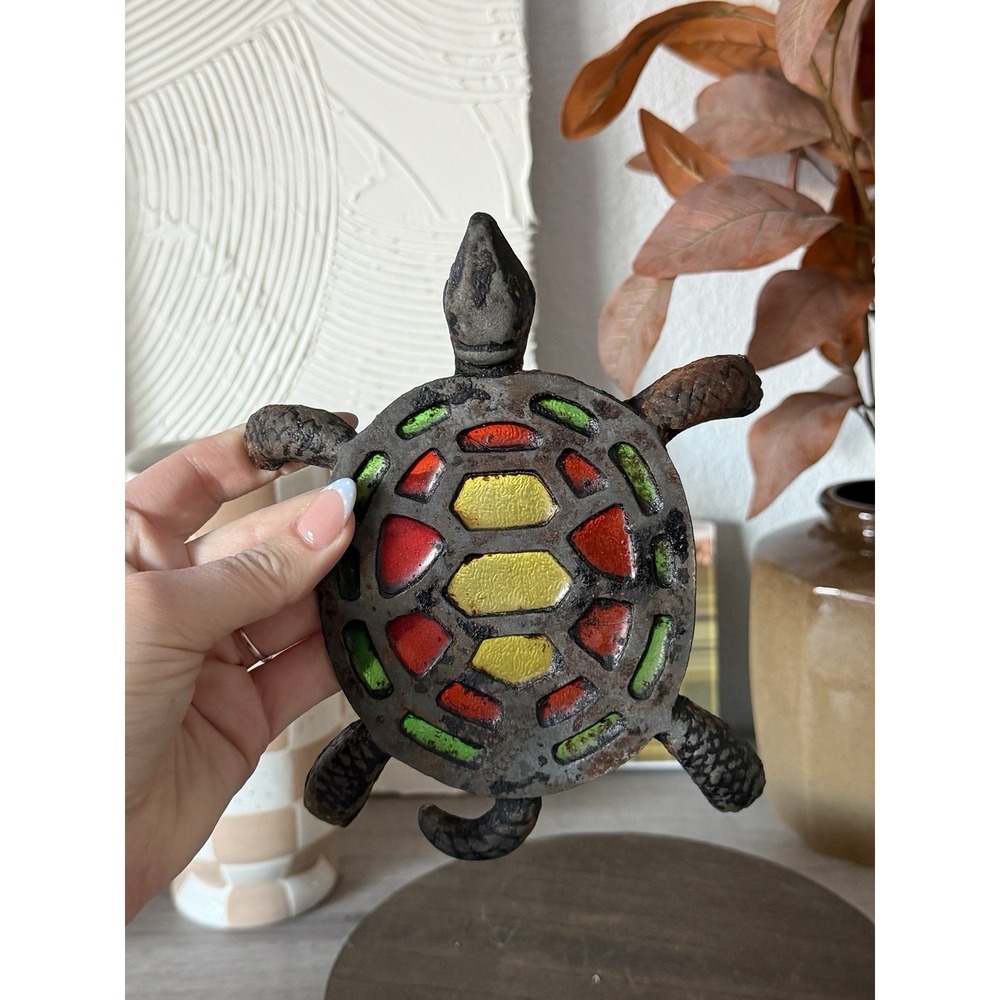 Vintage Turtle Trivet Colorful Metal with Stained Glass Inlay